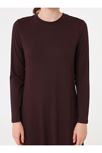 Benin Viskon Kumaşlı Yumuşak Tuşeli Basic Örme Tesettür Elbise - Kahverengi -