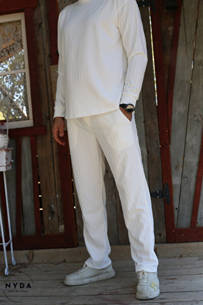 Nyda Collections Men's Corduroy Striped Regular Long Sleeve Sweatshirt with Pockets Elastic Waist Lace-Up Pants Set