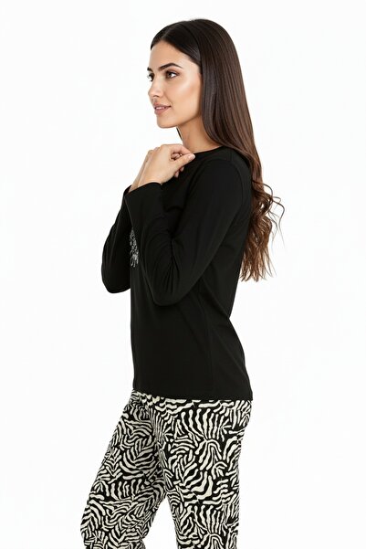 Bravie Elite Viscose Long Pajama Set with Six Patterns and Writing on the Top Black 3557