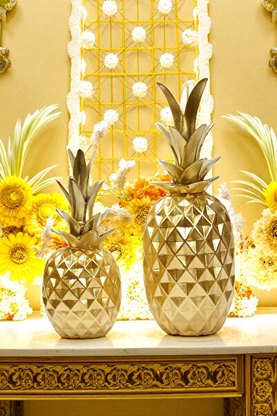 ay hediyelik İkili Ananas Biblo - Dekoratif Polyester 15x33 cm