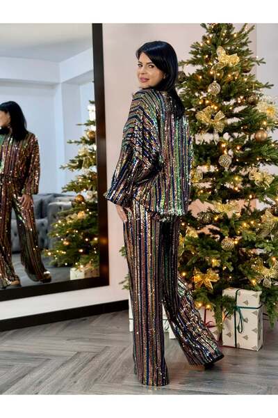 RAMONA BADESCU EXCLUSIVE Women's Two-Piece Suit with Multicolored Sequins and Wide Leg Pants