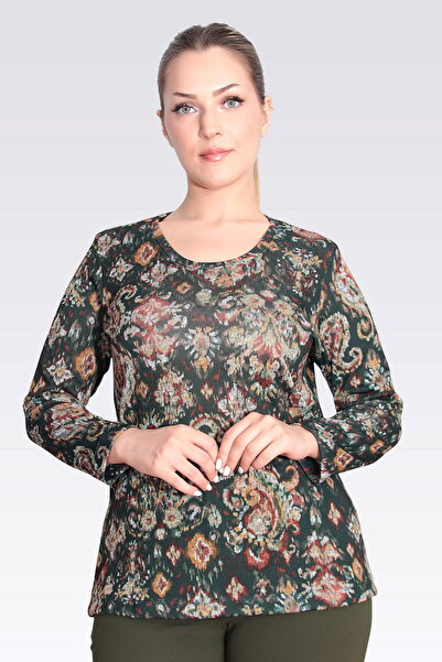 TOLGA SARAÇOĞLU 10738 BLUZĂ DE TRICOTAT VERDE CU GĂRĂ ROTUNDĂ CU MOTIVE