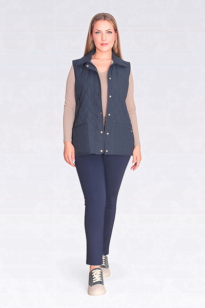 TOLGA SARAÇOĞLU 70043 Dark Blue Plaid Lining Detail Lightweight Fiber Quilted Vest