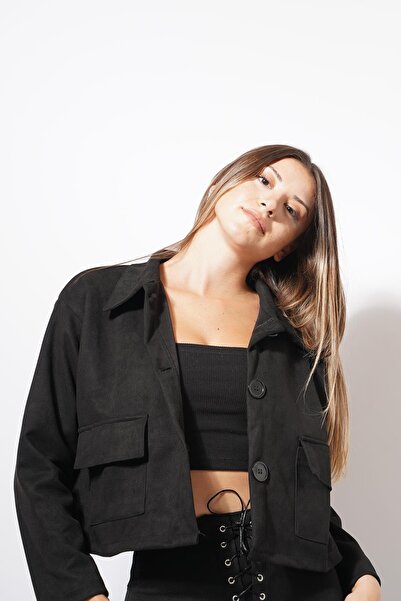 Pafi Moda سترة من جلد الغزال المحروق بأزرار باللون الأسود