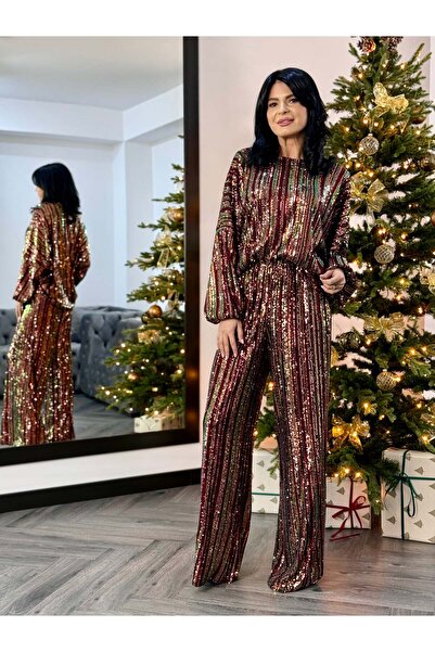 RAMONA BADESCU EXCLUSIVE Women's Two-Piece Suit with Multicolored Sequins and Wide Leg Pants