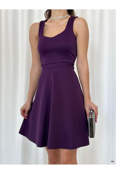 Modafeminen Thick Strap Back Lace Detail Scuba Fabric Dress 5801 Purple