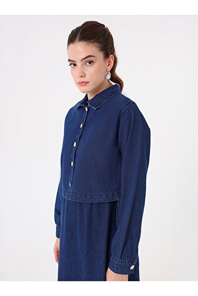 Benin Short Denim Jacket and Drawstring Waist Dress Two-Piece Set - Blue -