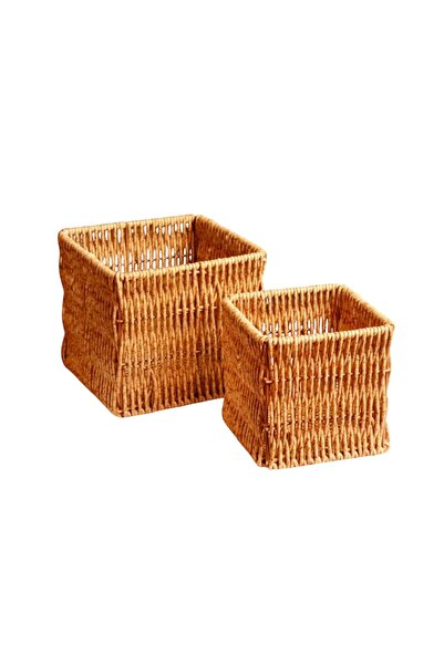 Bayev Hasır 700781 2-Piece Square Spoon Holder Decorative Basket Flower Pot Spoon Organizer