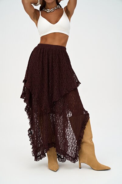 MAI STUDIOS CO. Mireya Асиметрична бордова спідниця з мереживом
