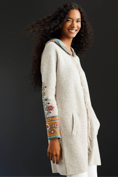 Desen Triko Women's Hooded Kilim Jacquard Tassel Wool Coat V.Beige