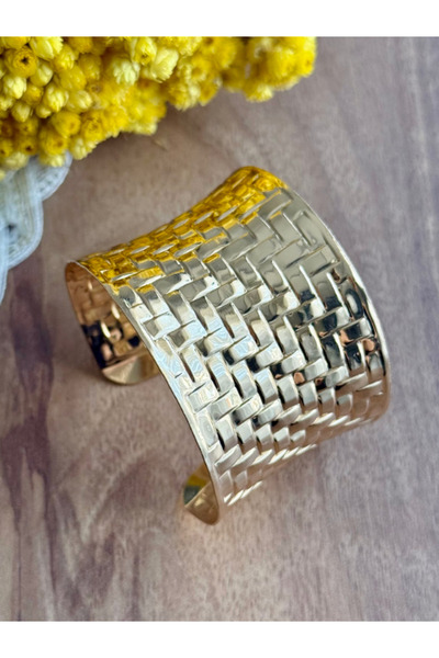 hansev Aksesuar Örgü Desenli Altın Renk Geniş Metal Bilezik – Şık ve Zarif Ta...