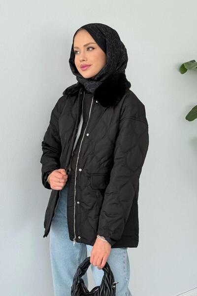 Hazamoda Μπουφάν με λεπτομέρεια από γούνα Azem Μαύρο