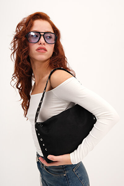 Addax Studded Suede Hand and Shoulder Bag Ç1055