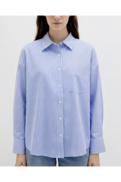 UNIQVIBE قميص نسائي فضفاض مصنوع من القطن بنسبة 100% مخطط باللون الأزرق