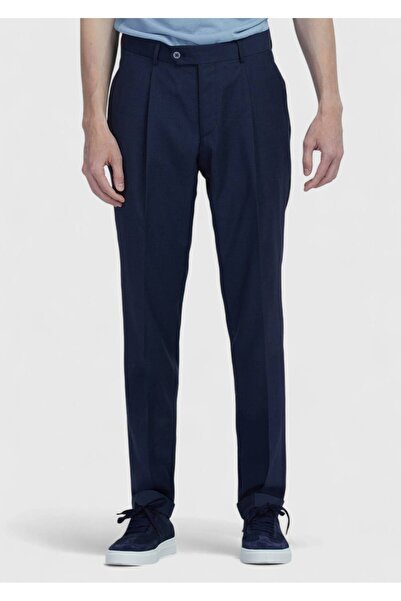 Ramsey Navy Blue Plain Fabric Slim Fit Casual 100% Wool Trousers