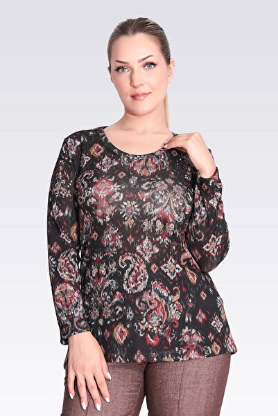 TOLGA SARAÇOĞLU 10738 BLUZĂ TRICOTATĂ NEGRĂ CU GÂRĂ ROTUNDĂ CU MOTIV