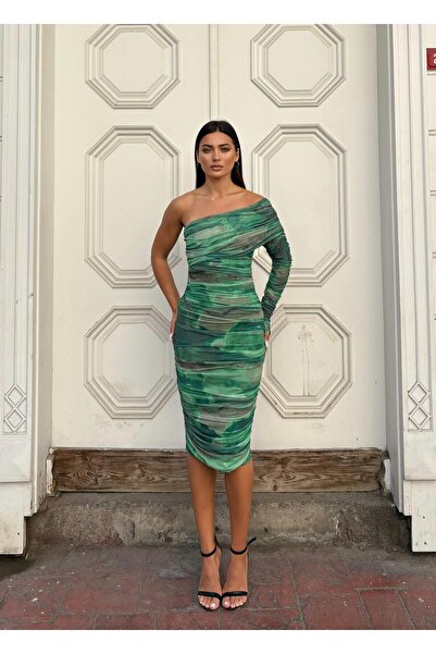 WOWBUTİK Βραδινό φόρεμα με μονό μανίκι από τούλι με επένδυση από τούλι με μοτίβο λύκρα 583326 ZÜMRÜT