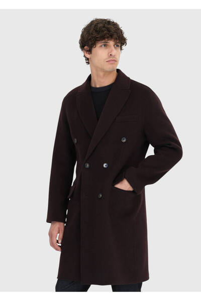 Ramsey Mürdüm Regular Fit Kruvaze Yaka Klasik Dokuma Palto