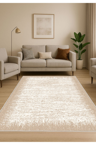 STY Home Krem Dijital Baskı Halı Kaymaz Tabanlı Yıkanabilir Halı Yolluk Salon...