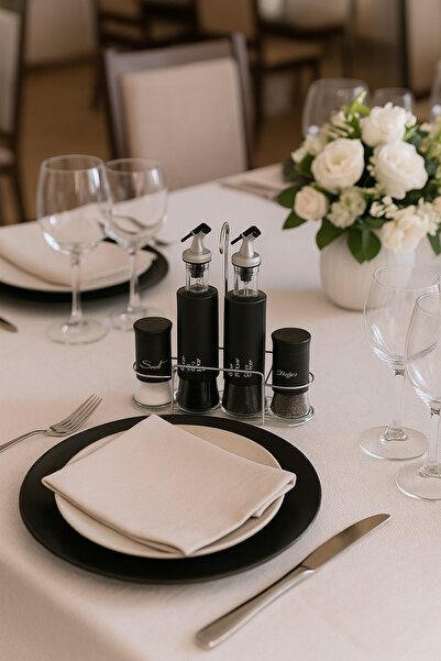 lve Olivier set, 4 glass pieces with metal stand, 2 salt/pepper containers, 2 oil/vinegar dispensers