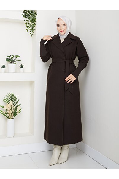 SG SARİALGİYİM New Season Style Full-Length Quality Sleeves Knitwear Detail Double-Breasted Collar with Belt Lining Cashemere Coat