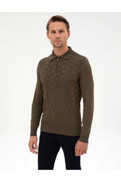 Pierre Cardin Koyu Haki Slim Fit Polo Yaka Fermuarlı Triko Kazak 50315688-VR111