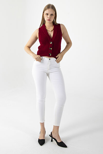 GİYSA Women's V-Neck Button-Up Knit Vest Burgundy - 25K 2210