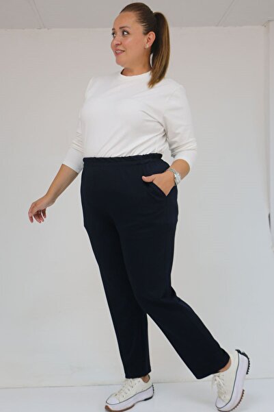 Eslina 59029 Plus Size Elastic Waist Pipe Leg Modal Pants - Navy Blue