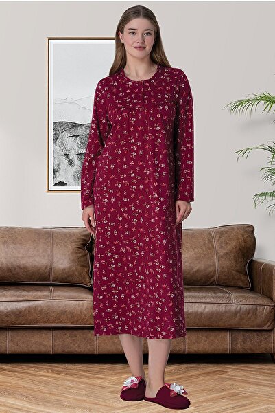 Lohusa Homewear Women's Burgundy Patterned Special Design Large Size Oversized Cotton Combed Nightgown