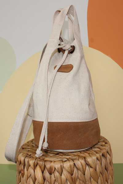 Dathcha Canvas & Suede Leather Detailed Bucket Bag – Crossbody and Hand Strap