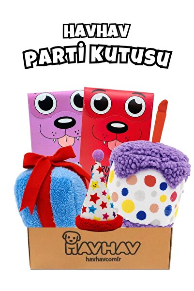Havhav Köpek Parti Kutusu 5’li Set | Parti Şapkası, Peluş Pasta, Peluş Hediye Kutusu ve 2 Ödül Maması