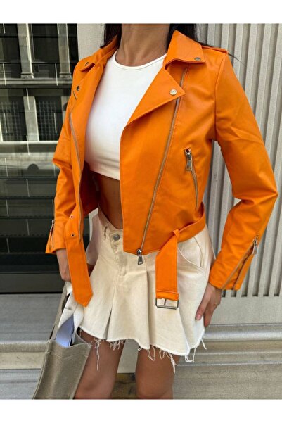 Bleu Petite Jachetă de damă din piele artificială cu detaliu curea