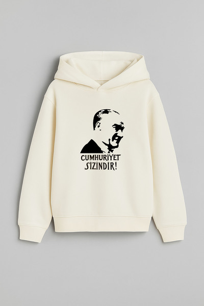 MODA 29 Ekim Cumhuriyet Bayramı Atatürk Baskılı Ekru Kapşonlu Çocuk Yetişkin Sweatshirt Hoodie