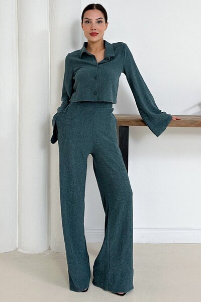 VAGGON Women's Mint Wide Sleeve Crop Shirt and Elastic Waist Trousers Ribbed Set Vs01256