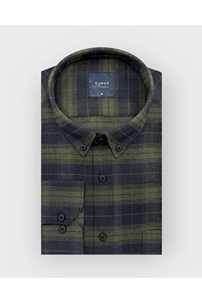 KAMER Men's Regular Fit Winter Long Sleeve Button-Up Collar Single Pocket Plaid Green Shirt 3563Y