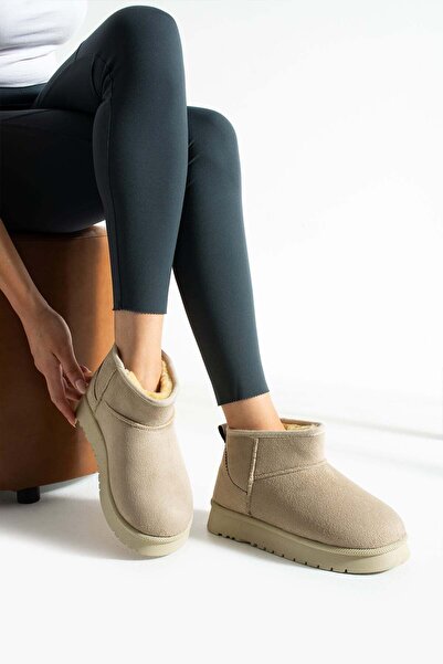 Mustafa SEVEN Yüksek Mini Classic Süet Tüylü Kadın Bot - Bej