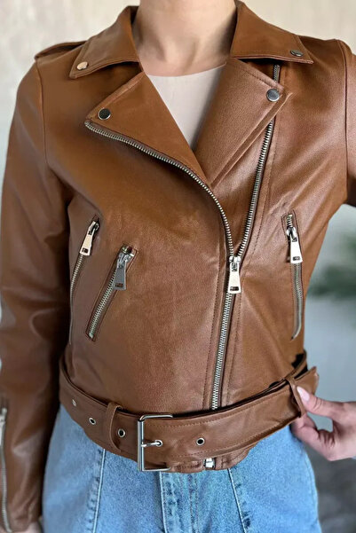 Bleu Petite Jachetă de damă din piele artificială cu detaliu curea