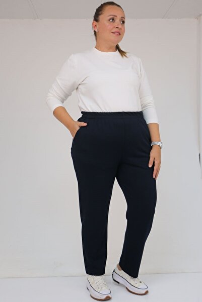 Eslina 59029 Plus Size Elastic Waist Pipe Leg Modal Pants - Navy Blue
