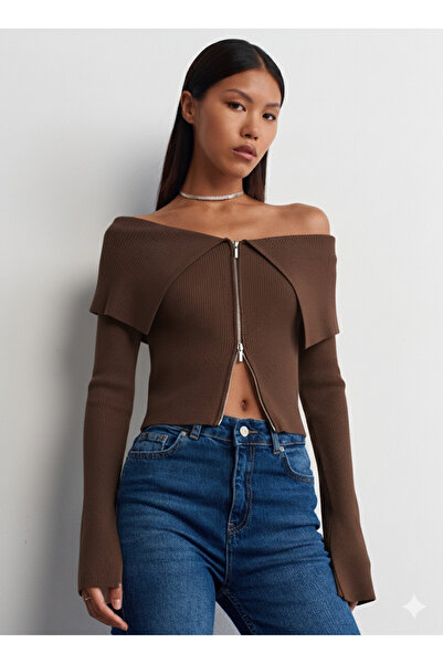 Dilvin 60252 Bardot Yaka Fermuarlı Triko Hırka-DARK BROWN