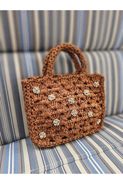 crafttatelier KAHVERENGİ ÇİÇEK BONCUK DETAYLI EL ÖRGÜSÜ ÇANTA TASARIM ÇANTA