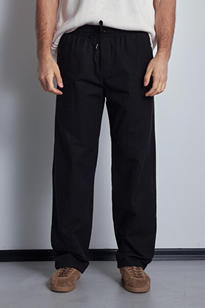 ablukaonline Men's Linen Look Elastic Waist Baggy Trousers Black