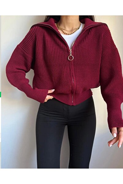 FLEX FASHION kadın esnek örgü trend fermuarlı dik yaka popüler triko hırka bordo