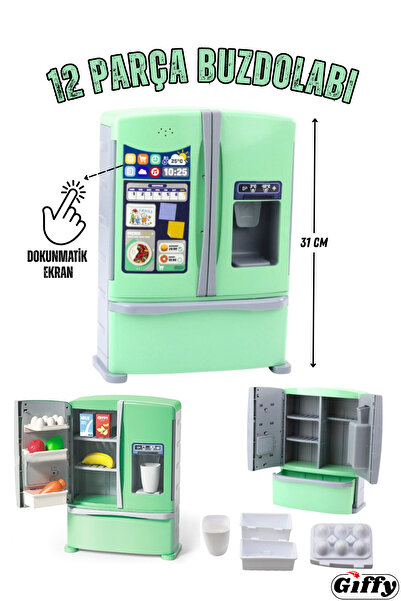 giffy Oyuncak Çift Açılır Kapak Dokunmatik Ekranlı Buzdolabı 12 Parça Aksesuarlı Sesli Müzikli Set