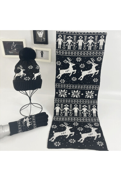 Tessero Set of warm Christmas-themed hat, gloves and scarf, 3 pieces, knitted pattern with reindeer, one