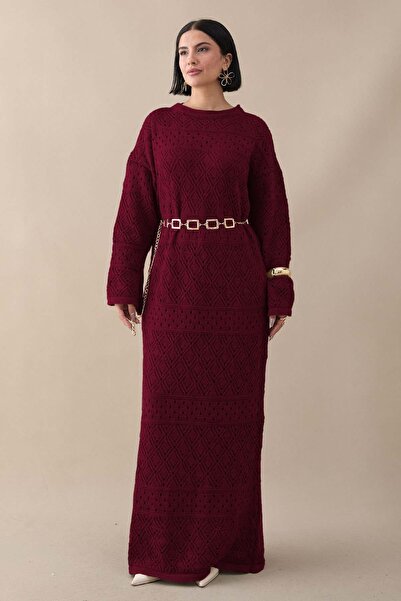 InStyle Desenli Ajurlu Bordo Triko Elbise