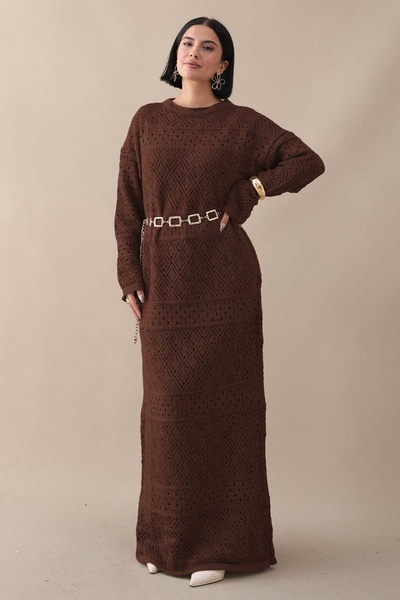 InStyle Patterned Openwork Bitter Brown Knitwear Dress
