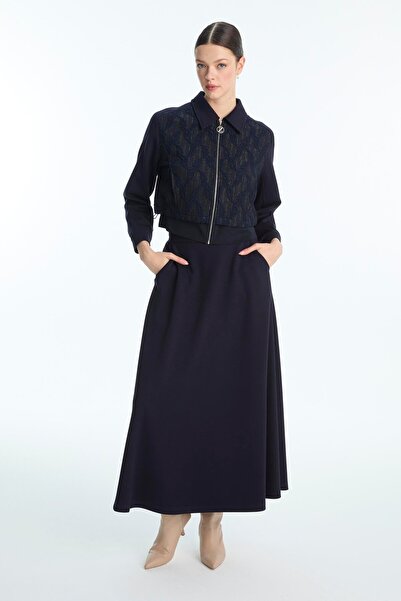 Zühre Patterned Zippered Jacket Skirt Navy Blue Double Suit Tk-1710