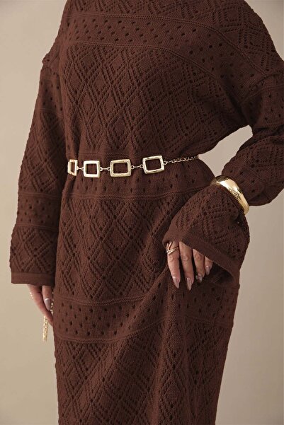 InStyle Patterned Openwork Bitter Brown Knitwear Dress