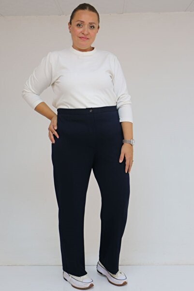 Eslina 59030 بنطلون مودال كبير الحجم بأزرار وسحاب - أزرق داكن