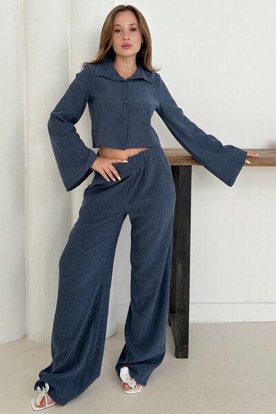 VAGGON Women's Indigo Wide Sleeve Crop Shirt and Elastic Waist Trousers Ribbed Suit Vs01256